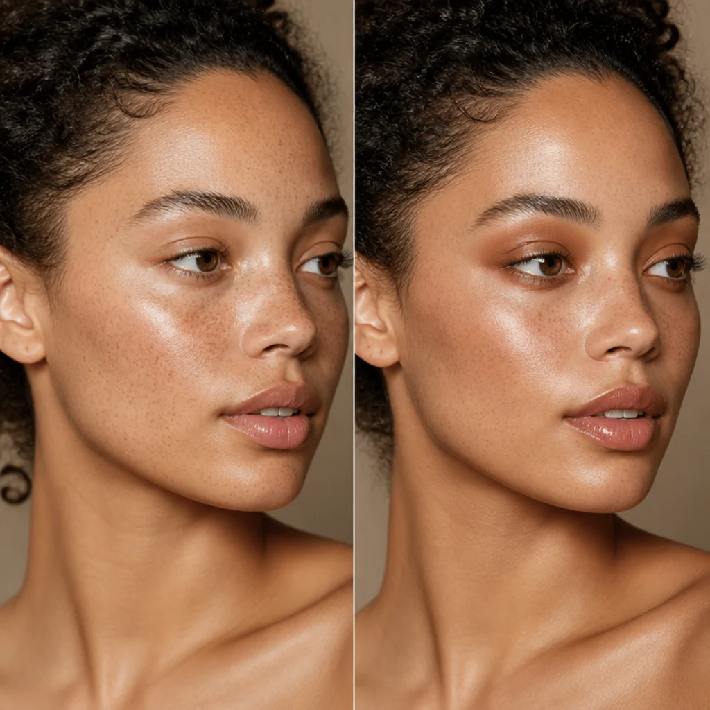 Model with freshly moisturized bare skin on the left and the same face wearing a soft warm-bronze eyeshadow wash with a sheer glow on the right