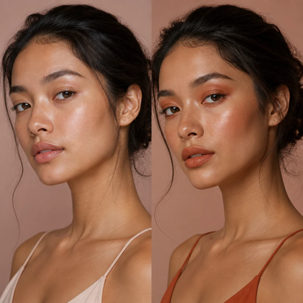 Model in a sheer skin tint on the left transitioning to matching terracotta eyeshadow, blush, and lip in a warm monochrome finish on the right