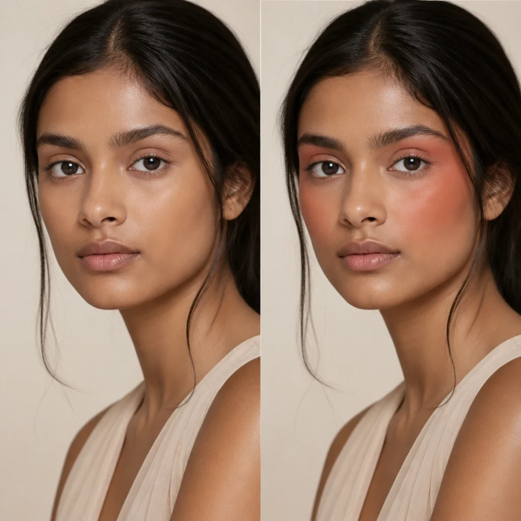Model with a clean matte base on the left and the same face wearing peach blush draped from the cheeks up toward the temples on the right