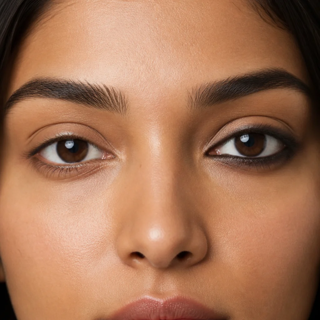 Model with bare groomed lashes on the left transitioning to a smudged brown-black kohl doe eye with soft lower-lash definition on the right