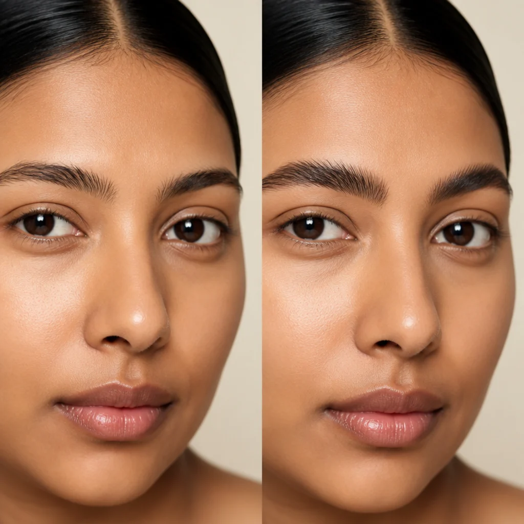 Model with lightly groomed brows on the left beside fuller feathered brows brushed upward for a soft 70s shape on the right