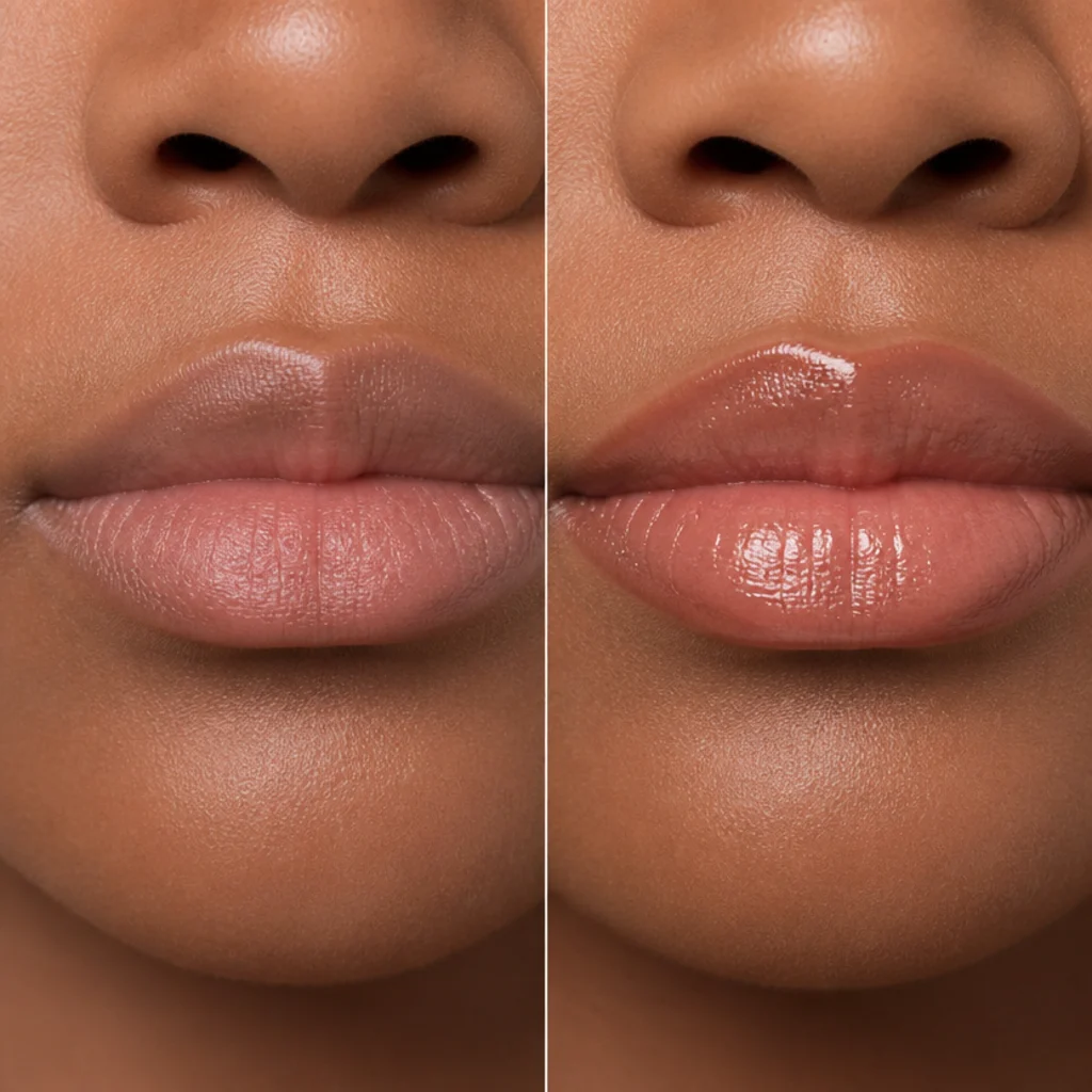 Model with bare balm-prepped lips on the left transitioning to a glossy nude lip with soft rosy-beige shine on the right