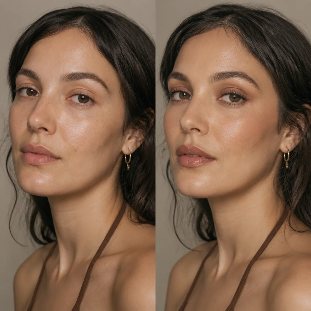 Model with fresh dewy skin on the left beside a warm earthy hippie look with muted brown lids, soft rust crease, and a natural flush on the right