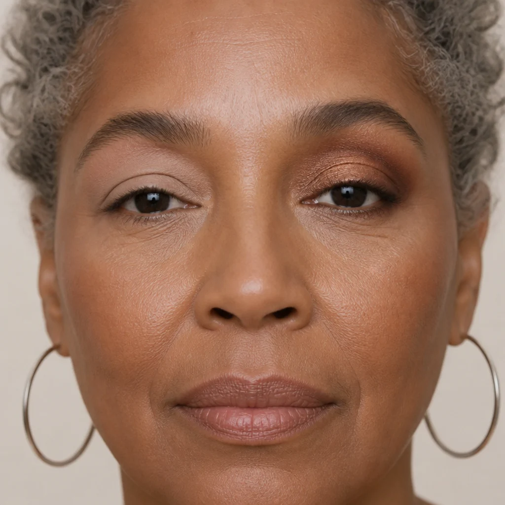 Model with a neutral primed lid on the left transitioning to a copper smoked eye with shimmer on the center and diffused bronze in the outer corner on the right