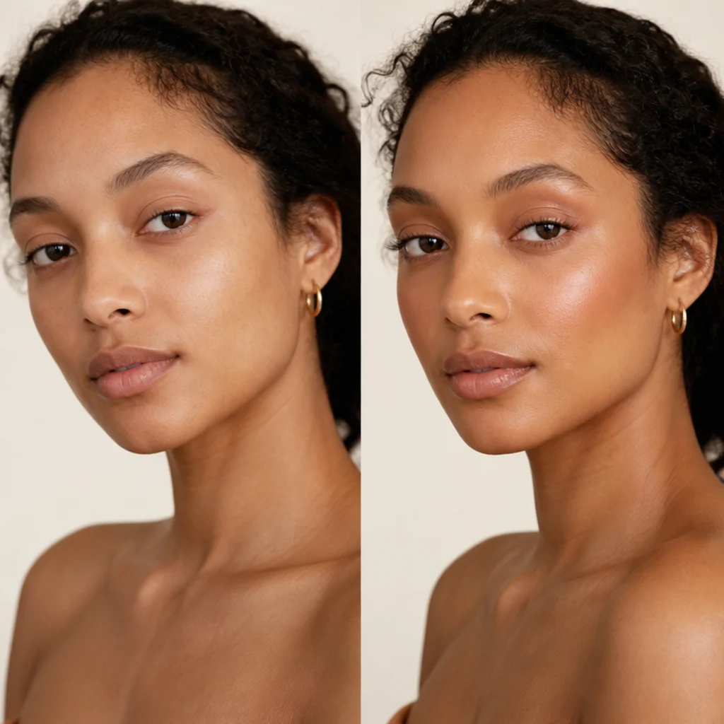 Model with bare matte cheeks on the left beside a sun-bronzed look with warm cheeks, glowing high points, and a nude lip on the right
