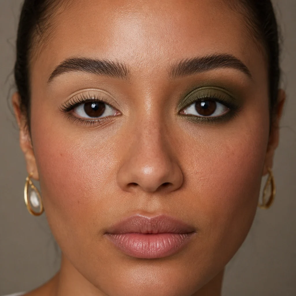 Model with a clean primed lid on the left transitioning to olive and moss green shadow blended softly across the lid on the right