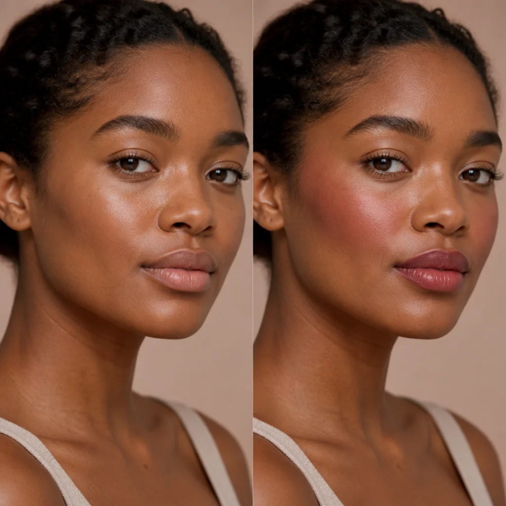 Model with soft natural skin on the left beside a berry-stained lip and cheek for a diffused flushed finish on the right