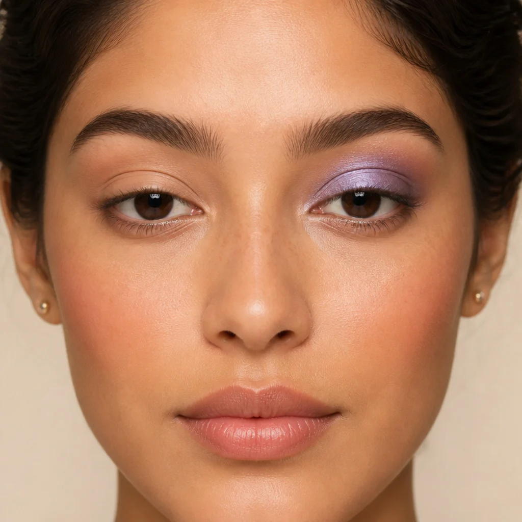Model with a neutral primed lid on the left transitioning to a frosted lilac eyeshadow with cool pearlescent shine on the right
