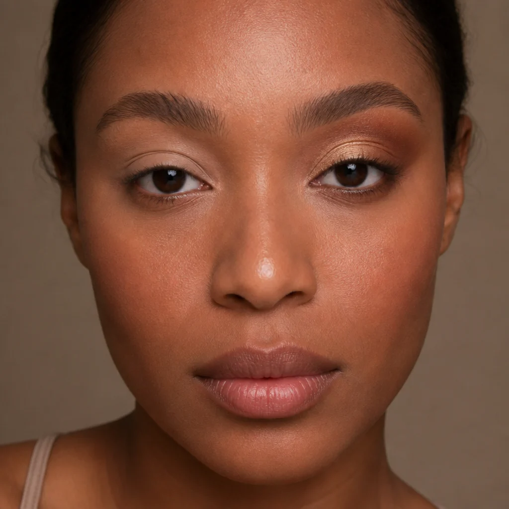 Model with a bare primed lid on the left beside a golden cut crease with a defined shadow line and a glowing gold center on the right