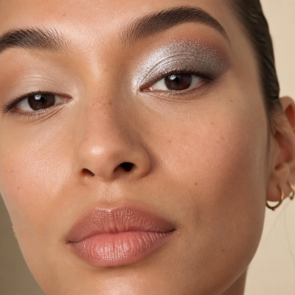 Model with a matte primed lid on the left transitioning to an all-over disco silver shimmer lid with high-shine sparkle and a soft charcoal line on the right