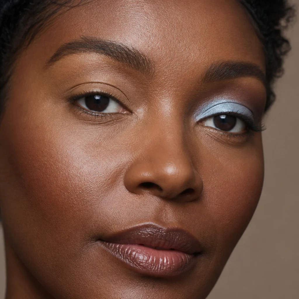 Model with a plain primed lid on the left beside a powder-blue frost lid blended up toward the brow bone and warmed in the crease on the right