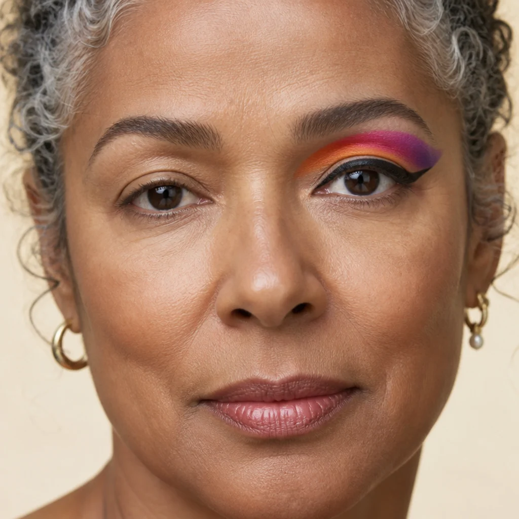 Model with a neutral lash line on the left transitioning to a floating rainbow liner arced above the crease in blended orange, pink, and violet on the right