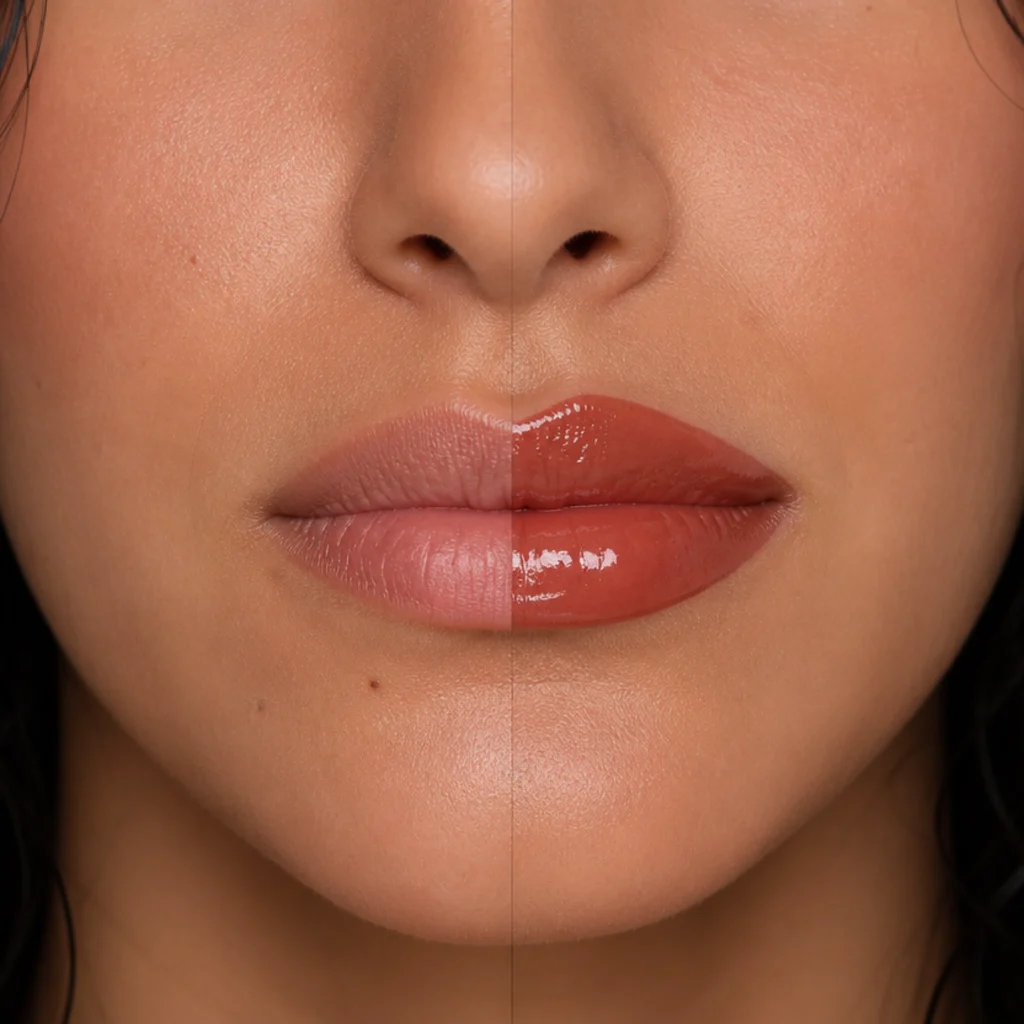 Model with a soft natural lip on the left beside a high-shine terracotta lip with glossy dimensional color on the right