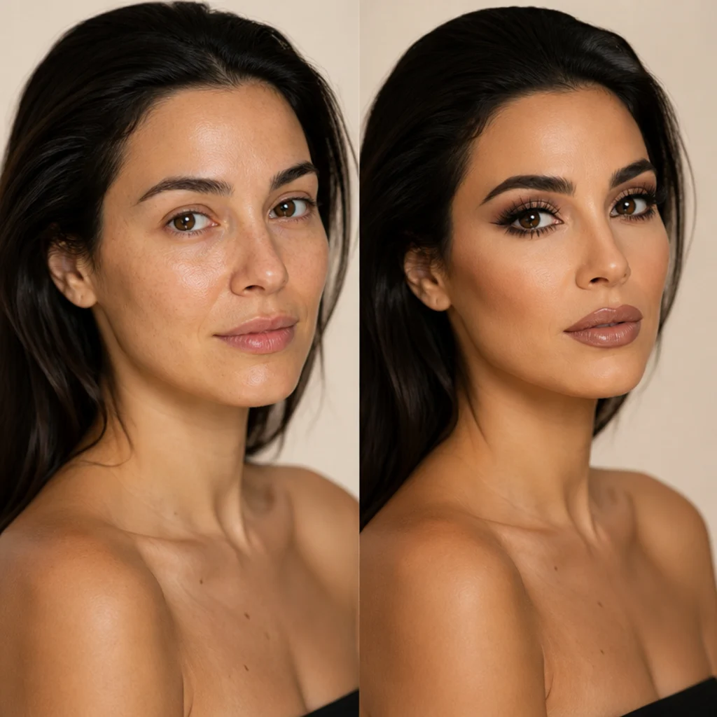 Model with a fresh even base on the left transitioning to a Cher-inspired sculpted glam with strong straight brows, long lashes, and defined cheekbones on the right