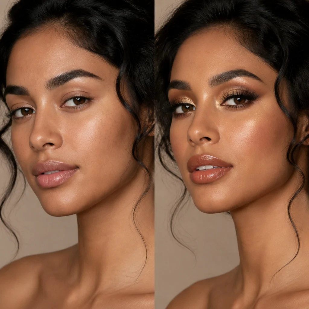 Model with a natural base on the left beside a full Studio 54 glam with a bronze-and-gold shimmer lid, bold lashes, and glowing skin on the right
