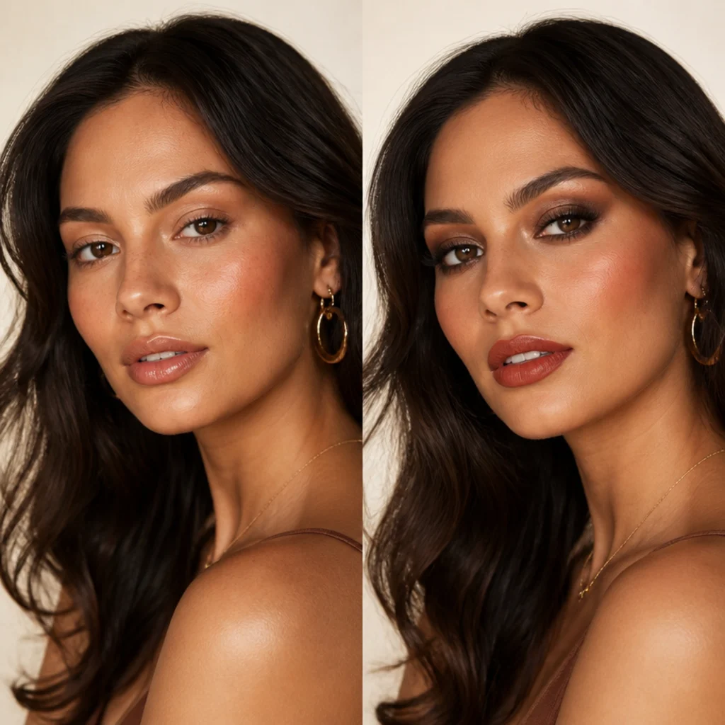 Model in a soft daytime look on the left transitioning to a bold smoky night look with deepened bronze eyes and a rich terracotta lip on the right
