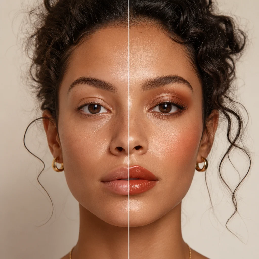 Split-style beauty portrait showing soft bare skin transitioning to warm bronze eyeshadow and glossy terracotta lips in a 70s-inspired look