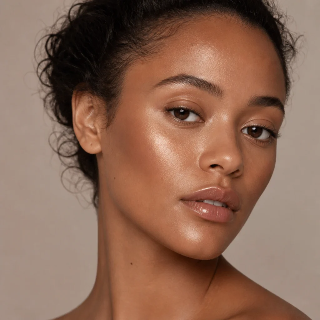 Warm bronzed complexion with luminous cream-highlighted cheekbones, dewy skin and softly glossed nude lips at a three-quarter angle