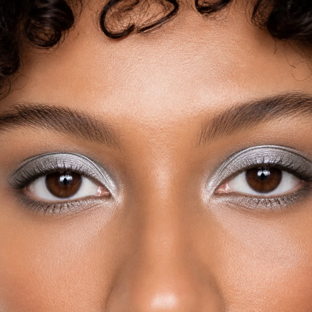 Cool foiled silver frost pressed densely across the mobile lids with a soft matching smudge under the lower lash line, straight-on angle