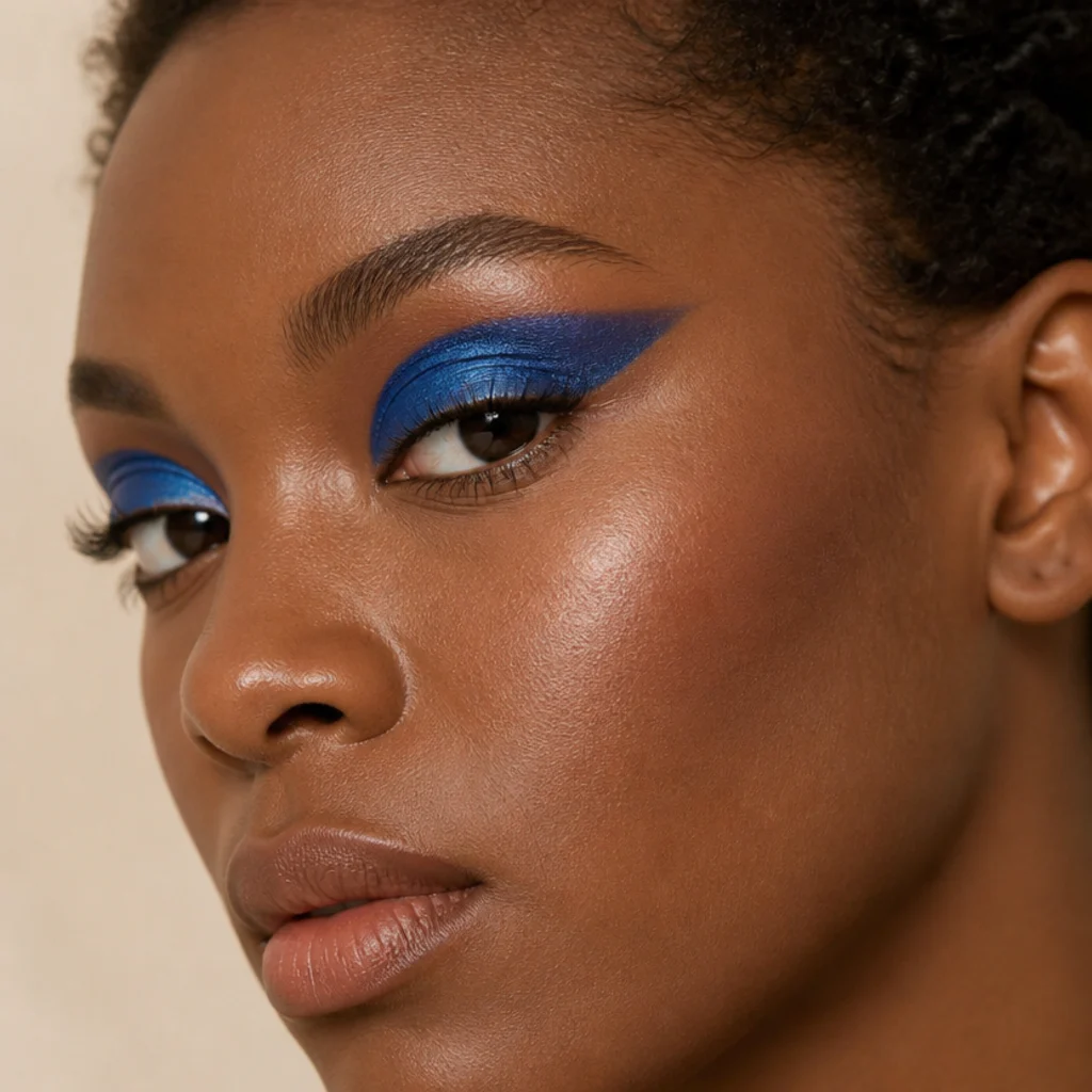 Bright cobalt blue shimmer on the mobile lid carved by a sharp concealer-cut crease line, three-quarter angle