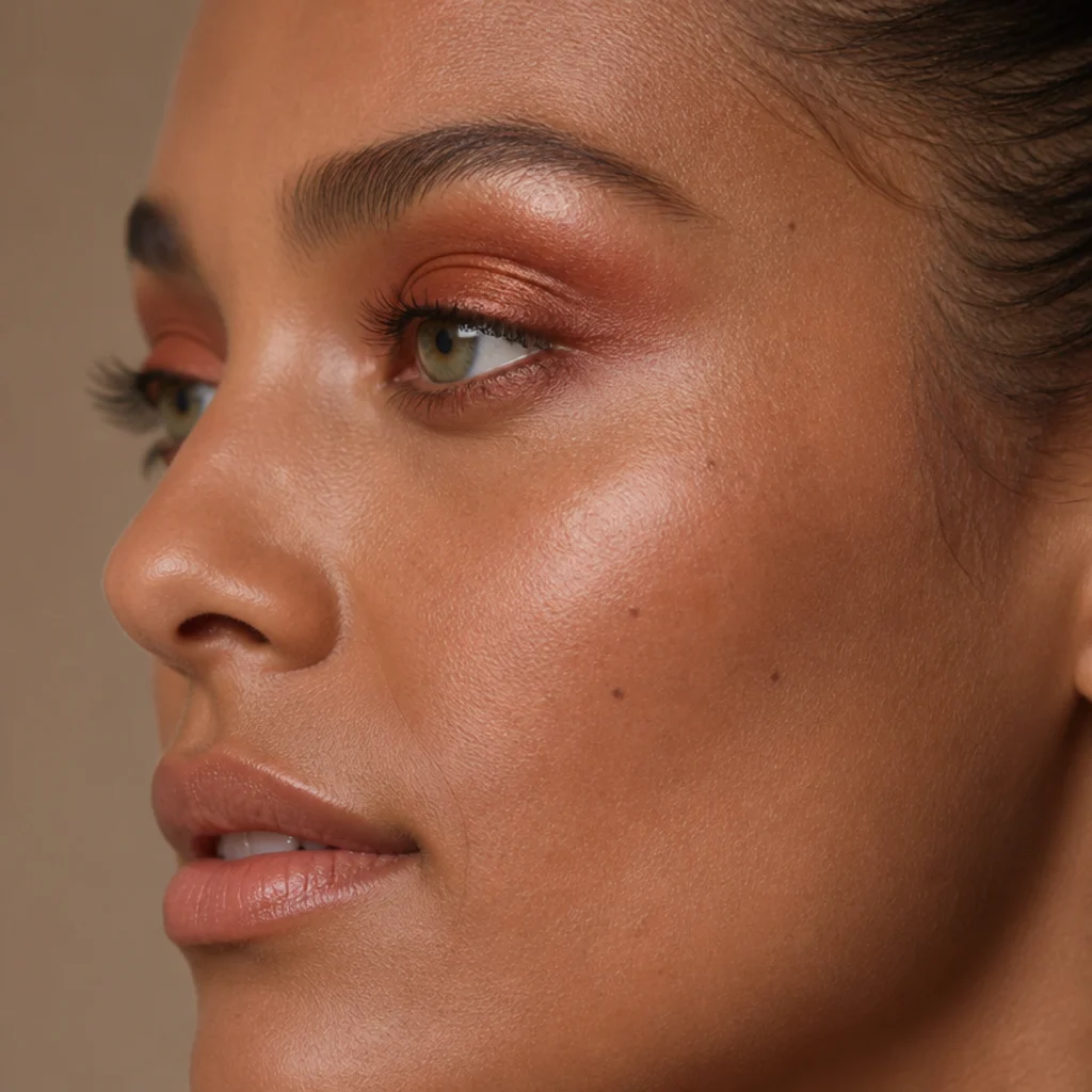 Copper halo eyeshadow with a bright foiled shimmer at the center of the lid and deepened matte-rust corners, side profile