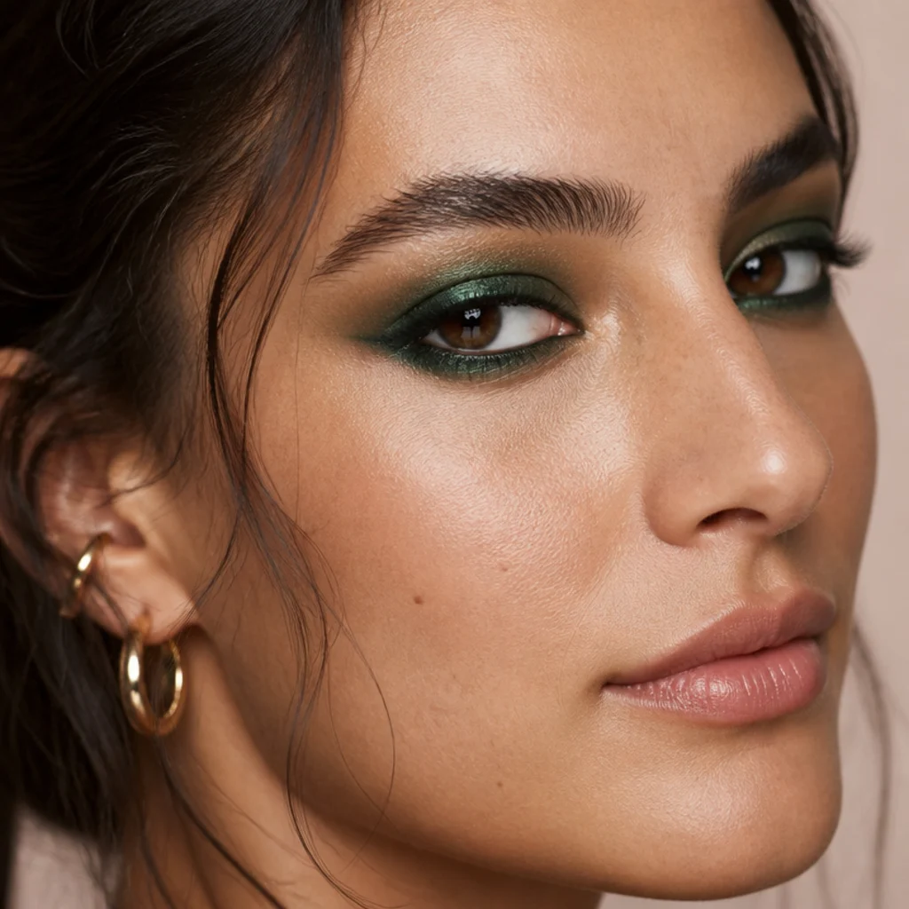 Deep emerald green smoky eye with jewel-toned shimmer on the lid, diffused forest-green crease and a wrapped lower lash line, three-quarter angle