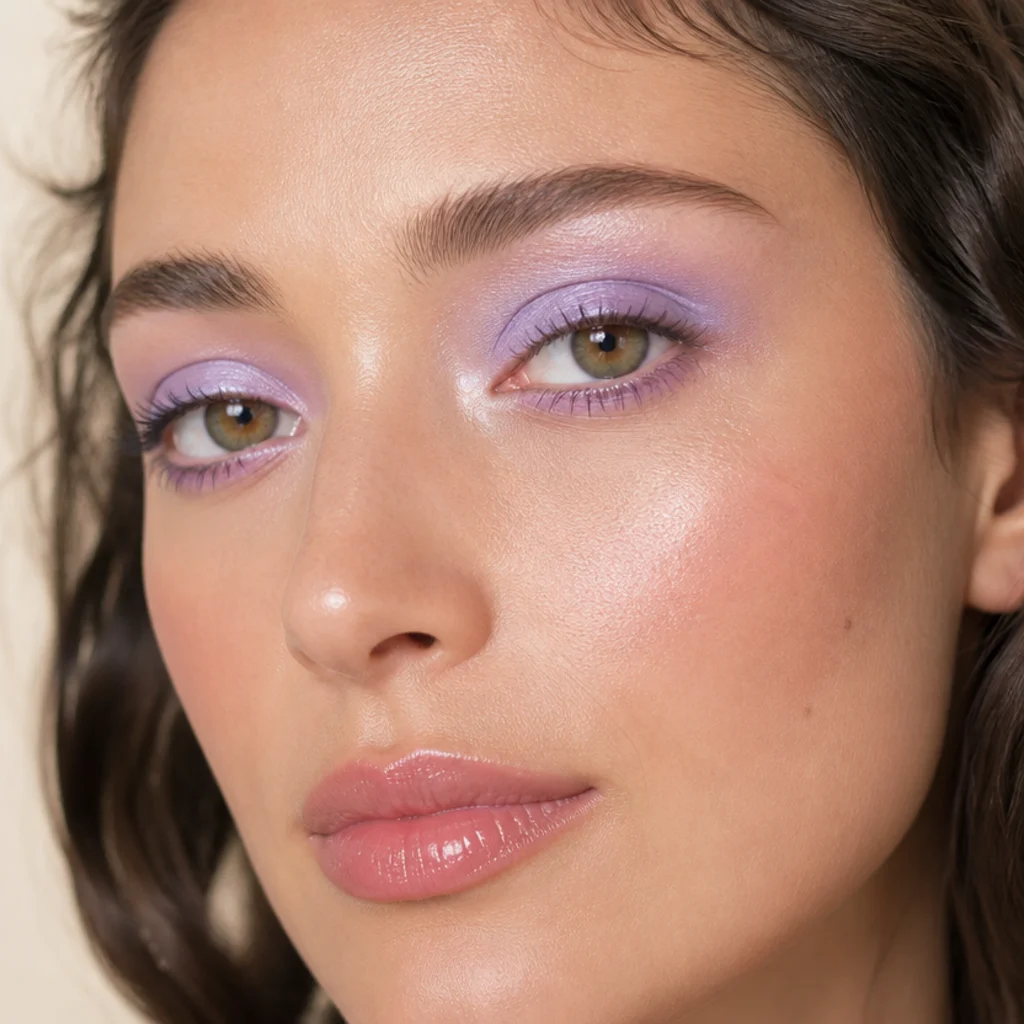 Soft lilac pastel shimmer washed across the lids up to the brow bone with a fine pearl finish, straight-on angle