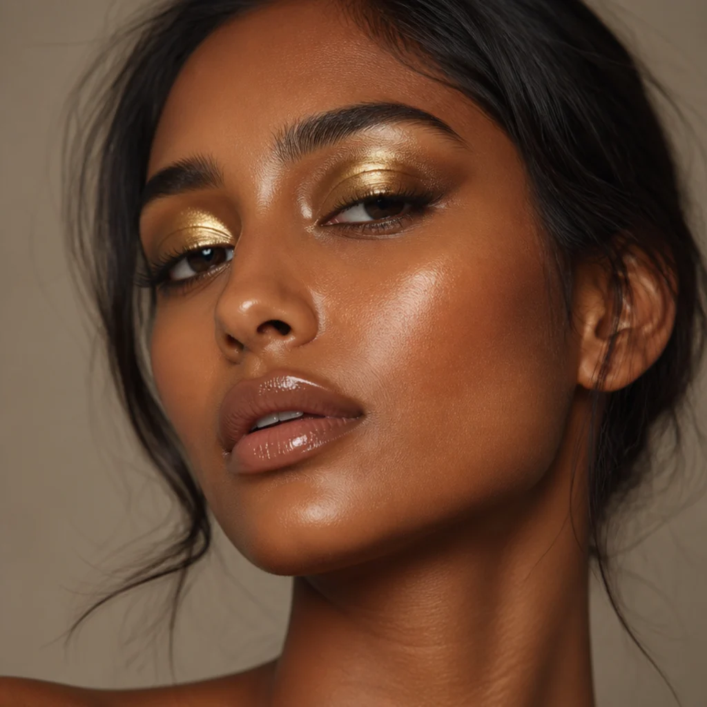 Molten foiled gold shimmer eyeshadow over bronzed skin with glossy lips catching warm light, three-quarter angle