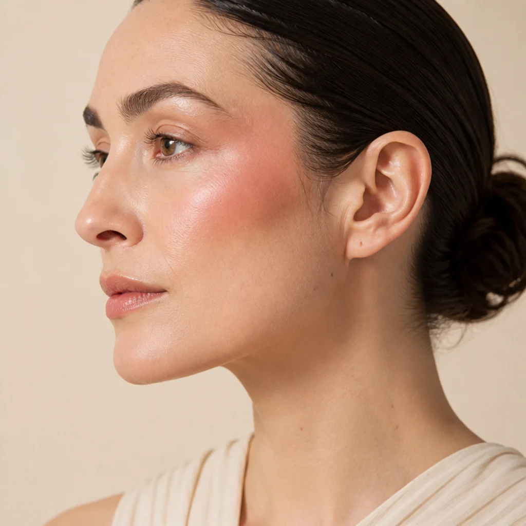 Peach blush swept from the apples of the cheeks up toward the temples in a draped 70s style over glowing skin, side profile