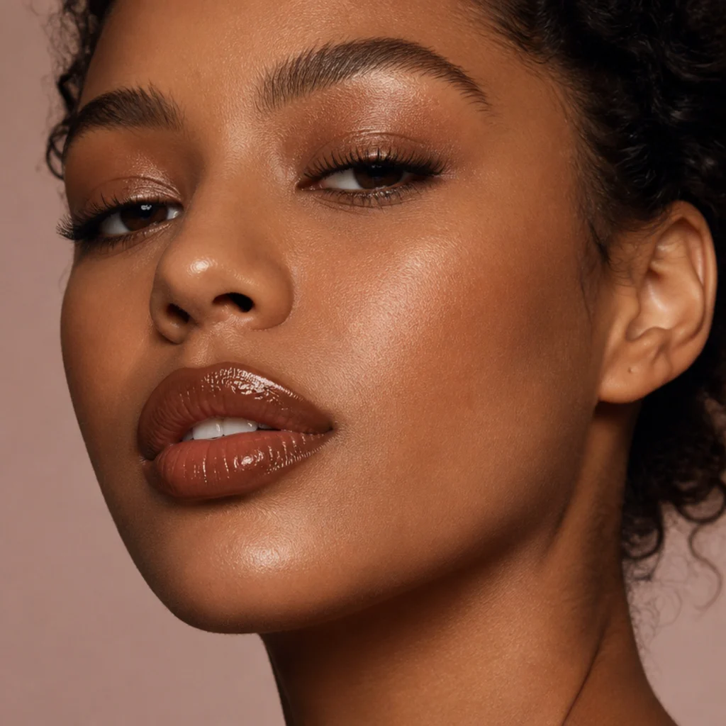 Glossy bronze-brown lips with subtle gold shimmer and a wet high-shine finish over a defined brown-lined edge, close three-quarter angle