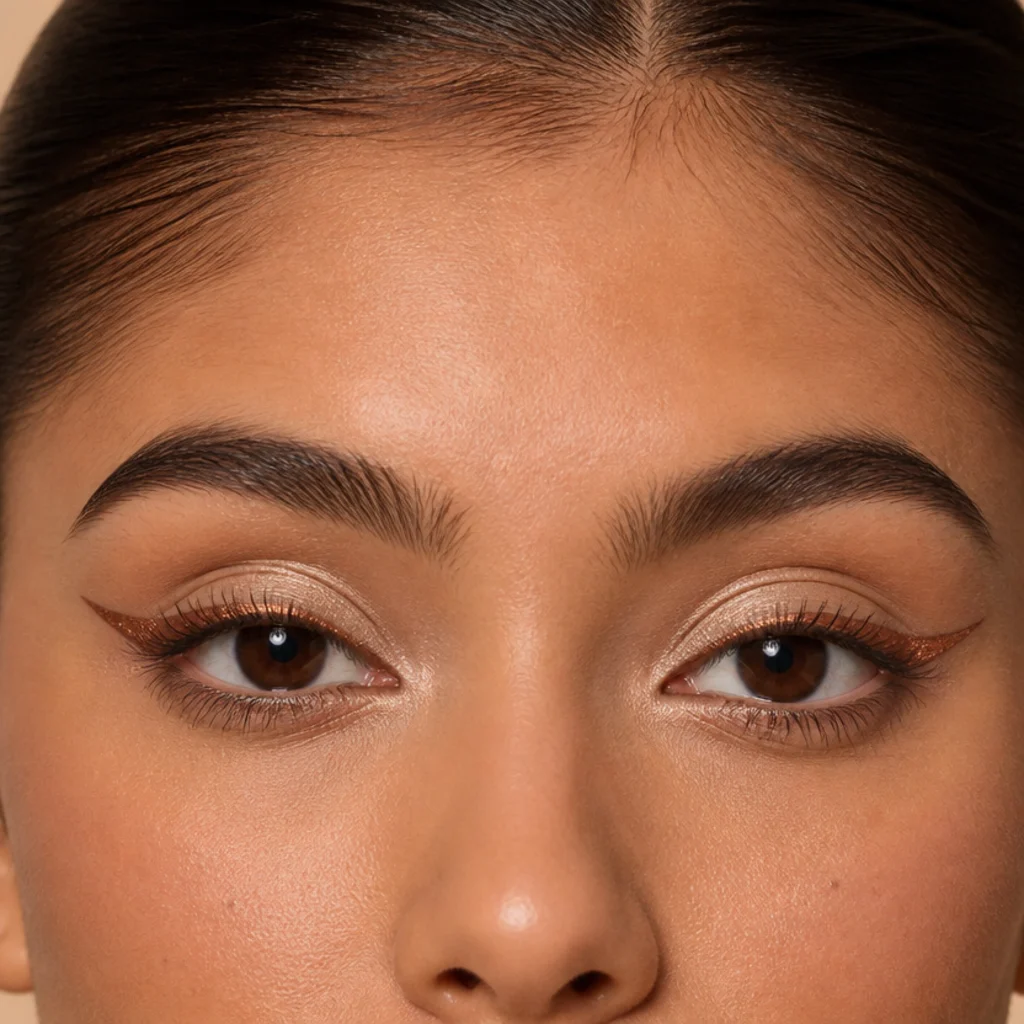 Metallic bronze winged eyeliner drawn as a soft elongated flick over a neutral shimmer lid, straight-on angle