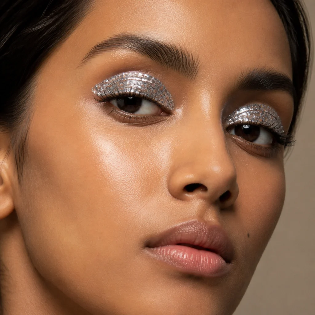 Chunky reflective silver cosmetic glitter packed across the lids like a disco ball over a glitter-glue base, three-quarter angle