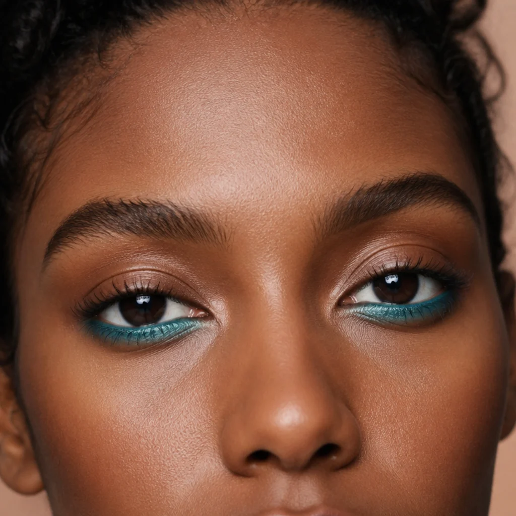 Bright turquoise eyeliner smudged along the lower lash line with neutral bronzed lids, straight-on angle