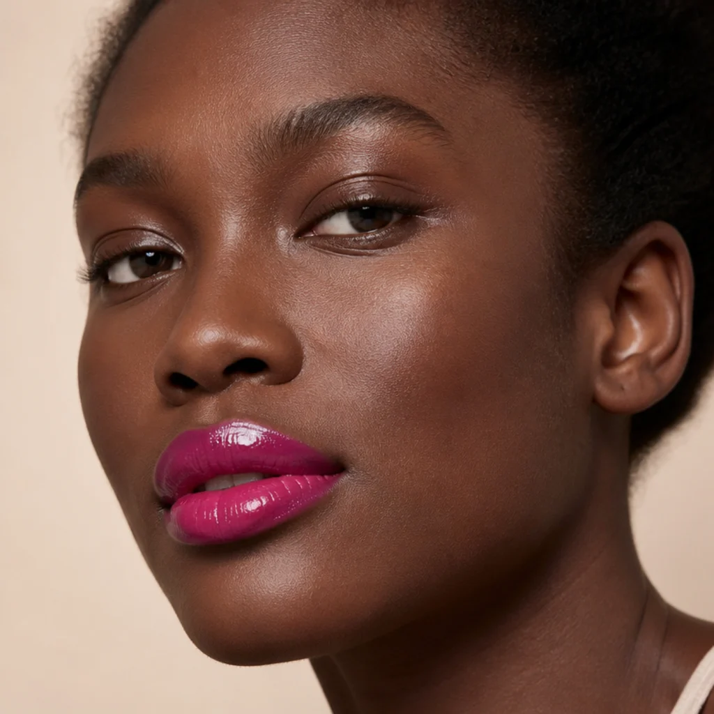 Bold glossy fuchsia pink lips with clean liner edges and high shine, close three-quarter angle