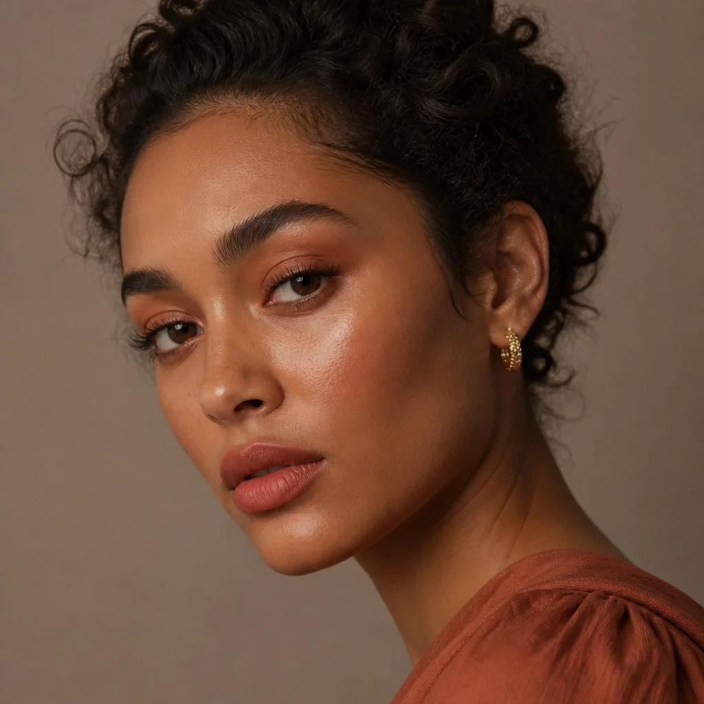 Terracotta eyeshadow, draped terracotta blush and a matching tinted lip in a warm monochrome look, three-quarter angle