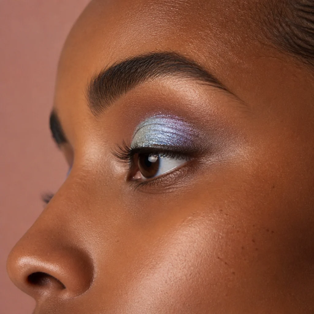 Duochrome shadow shifting between blue and silver across the lids on a sticky cream base, side profile
