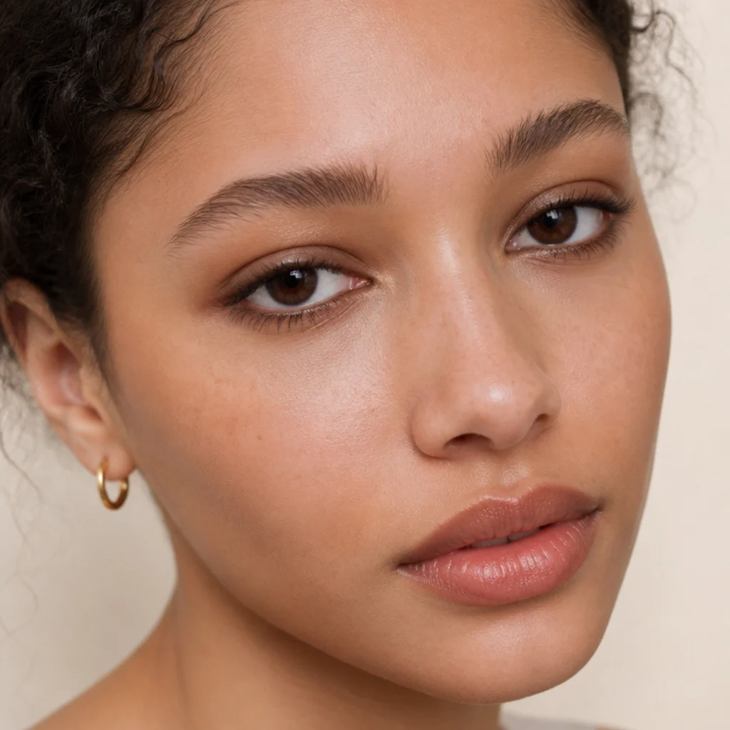 Soft feathered brown eyeliner drawn in fine hair-like strokes for a bohemian doe-eyed effect, straight-on angle