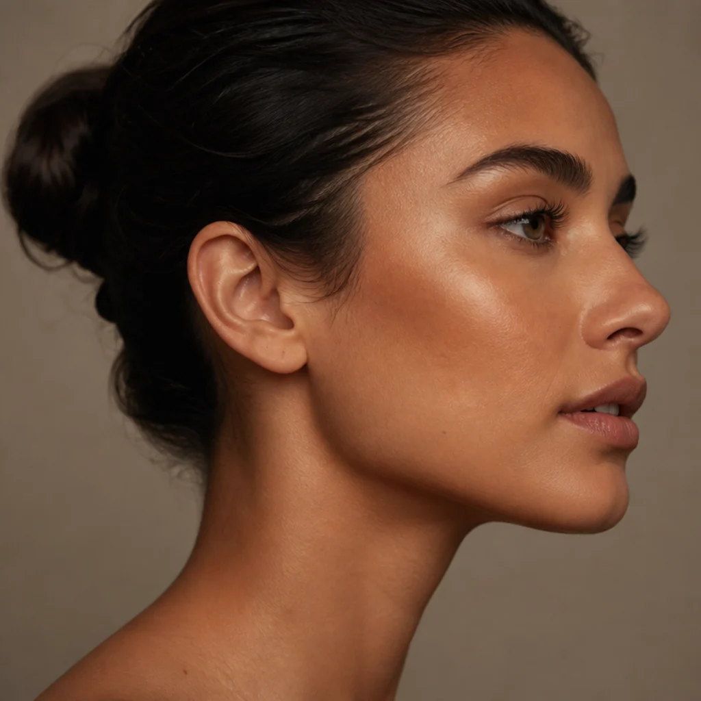 Sculpted bronzed cheekbones and a warm sun-kissed complexion with a satin, glitter-free finish, side profile