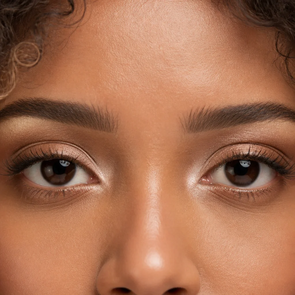 Pearlescent champagne highlight tapped at the inner eye corners to brighten a neutral bronzed eye, straight-on angle