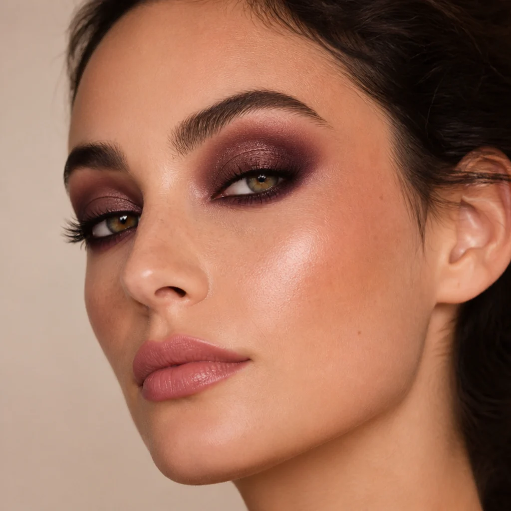 Rich plum smoky eye with a shimmering plum lid, matte aubergine crease and defined lashes, three-quarter angle