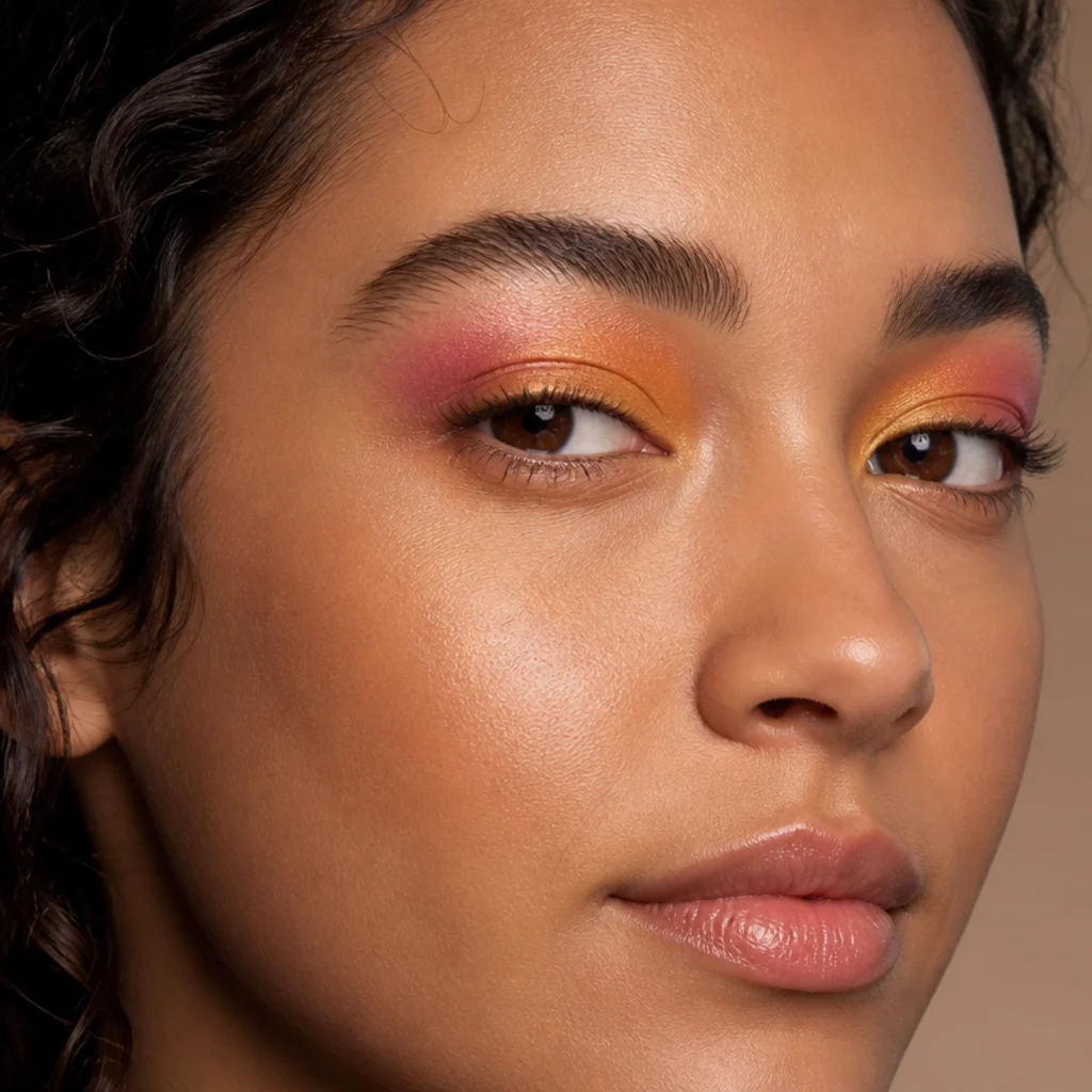 Blended orange-to-gold sunset gradient eyeshadow with a soft pink edge diffused into the crease, three-quarter angle