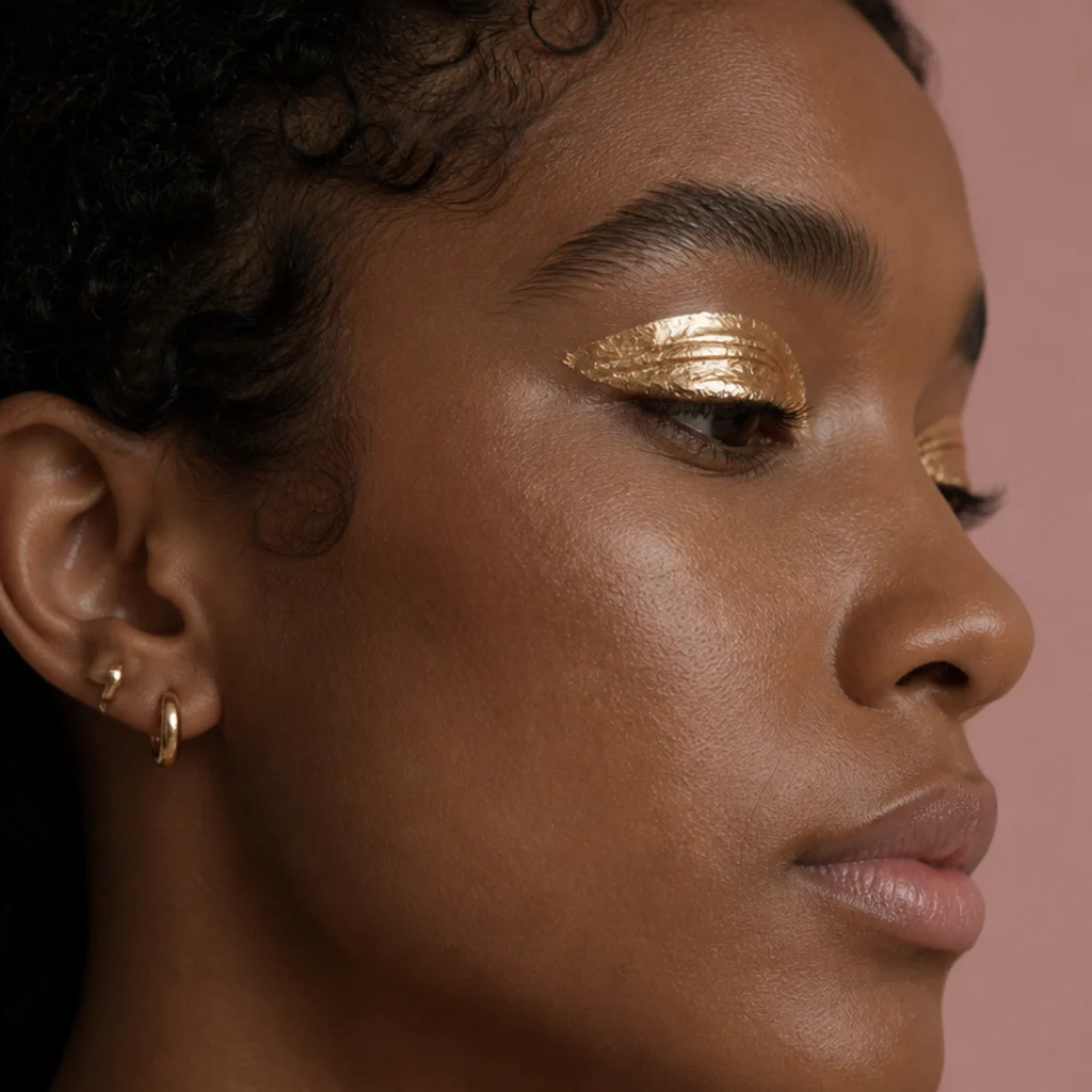 High-shine wet-look gold foil eyeshadow as a bold, clean statement lid with groomed brows, side profile