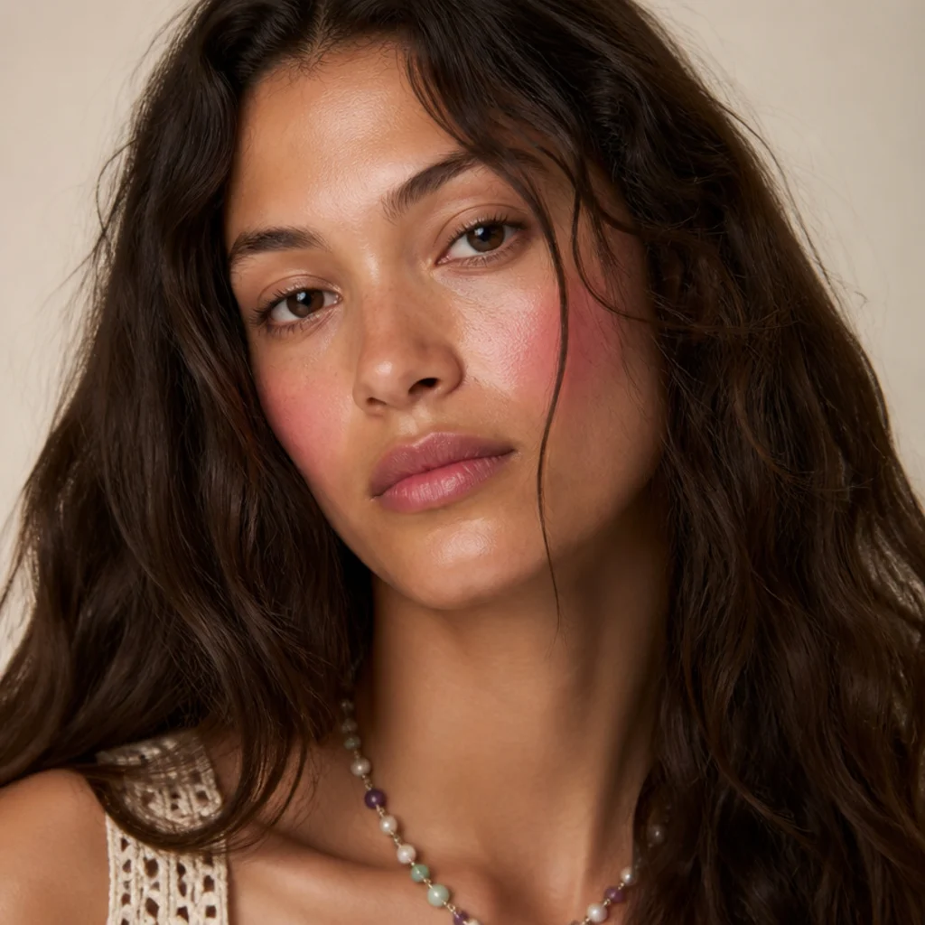 Natural rosy cream flush tapped high on the cheeks with fresh glowing skin and nearly bare eyes, straight-on angle