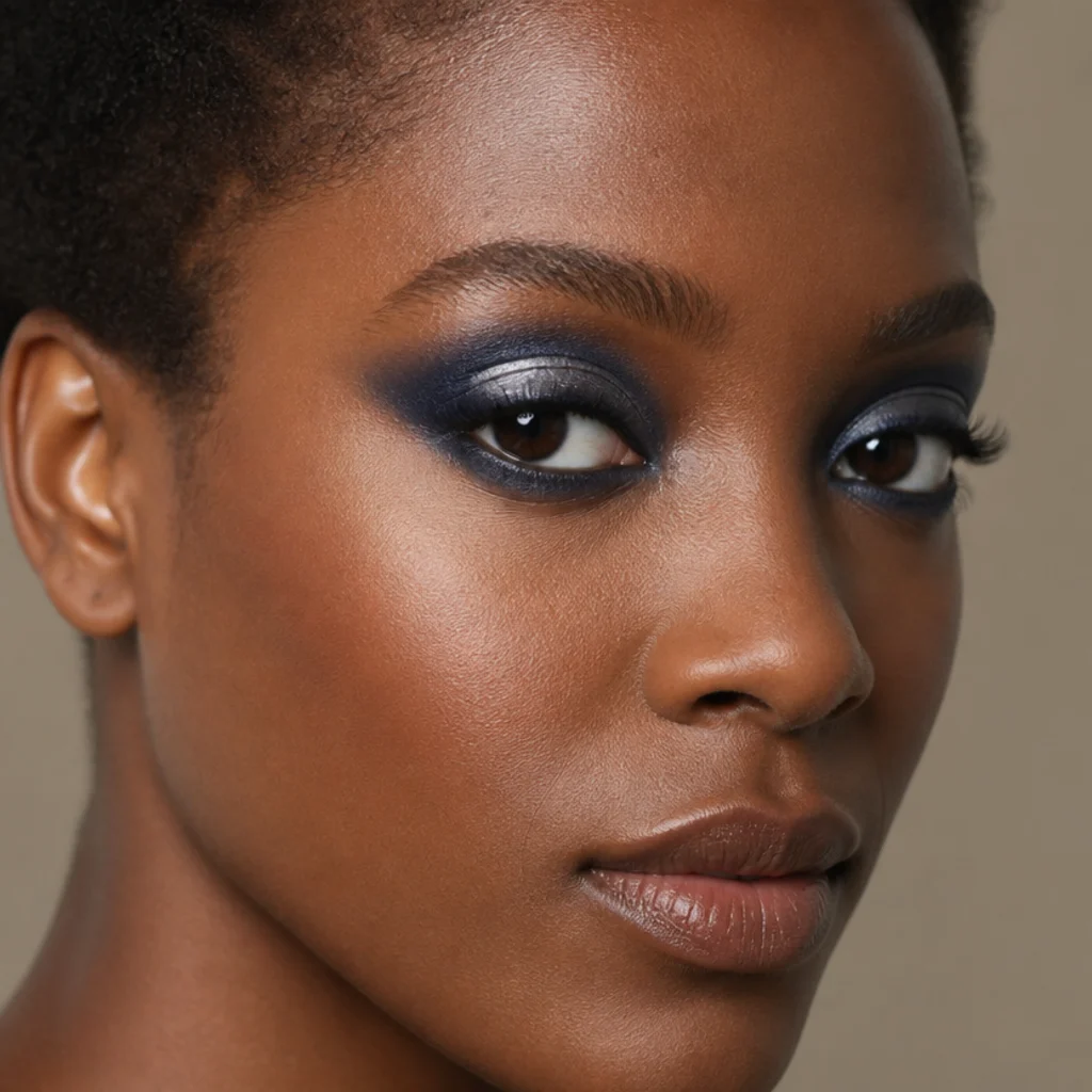 Navy blue eyeshadow blended through the crease and outer corner with a bright silver shimmer at the lid center, three-quarter angle