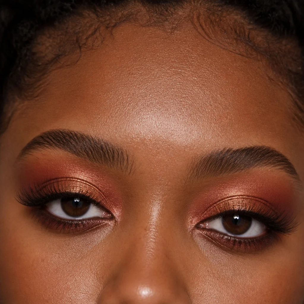 Terracotta halo eye with a copper shimmer center, matte rust corners and fluttery outer-weighted false lashes over bronzed skin, straight-on angle