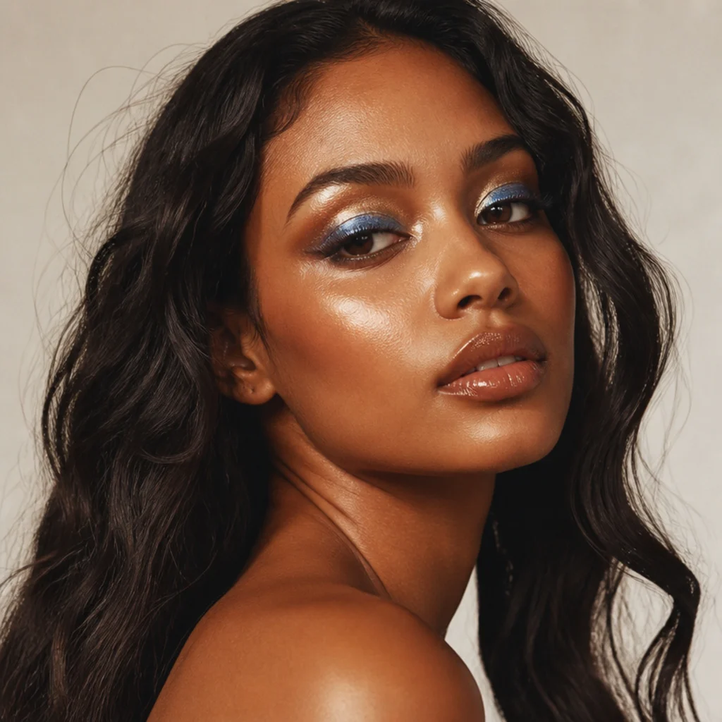 Model wearing shimmering bronze and blue 70s disco eye makeup with glossy lips under warm studio light