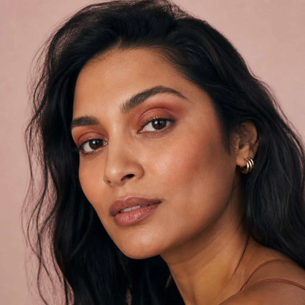 Warm terracotta eyeshadow washed across the lid and into the crease on a medium-tan model, soft matte finish, three-quarter angle