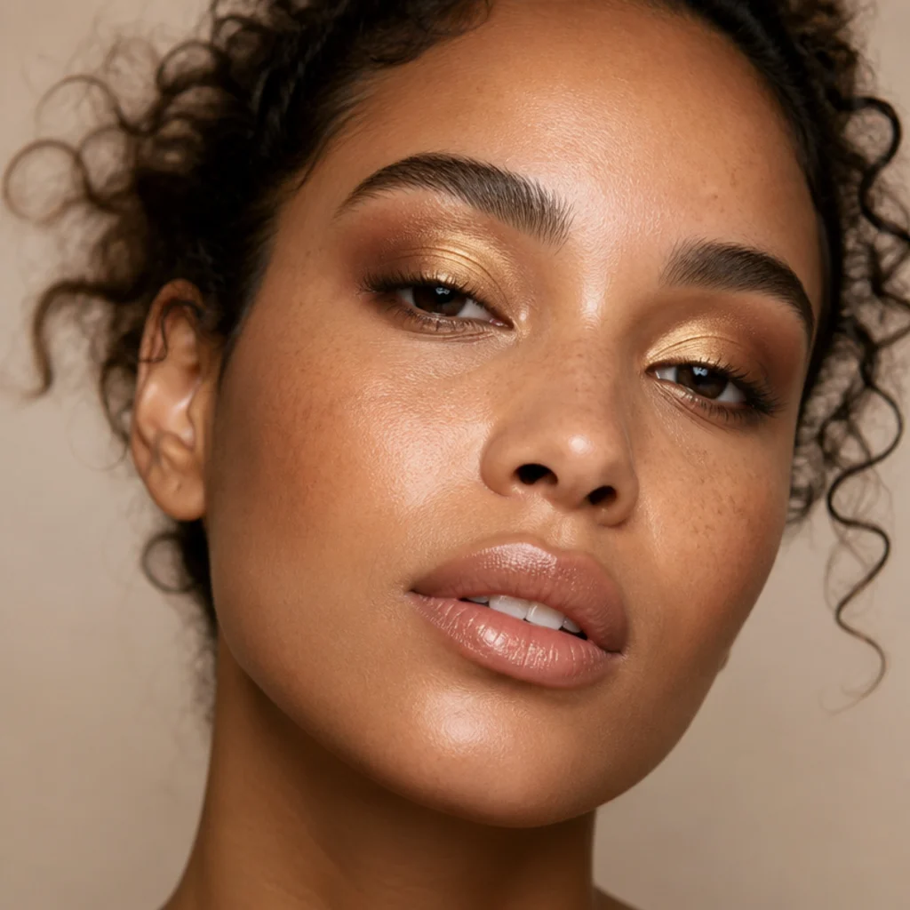 Golden bronze shimmer concentrated on the center of the lid with darker edges, warm halo effect, close-up on a light-brown-skinned model