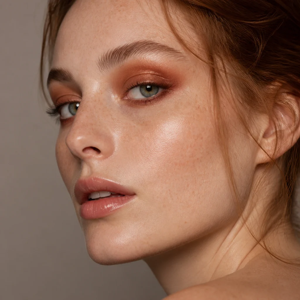 Rust and copper smoky eye blended softly outward on a fair-skinned model with freckles, warm smoked lower lash line, side angle