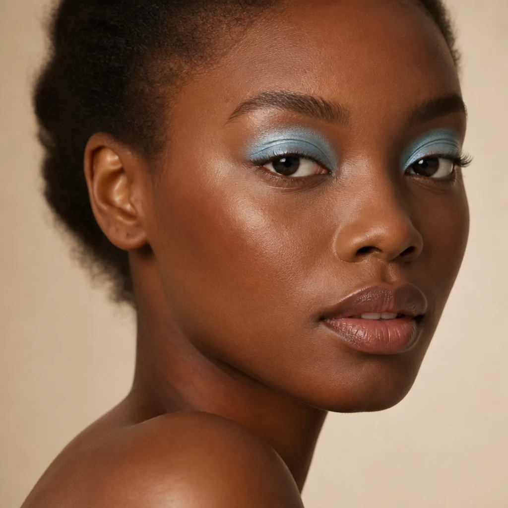 Frosted baby blue eyeshadow swept across the full lid with a pearly sheen on a deep-skinned model, clean lash line, three-quarter angle